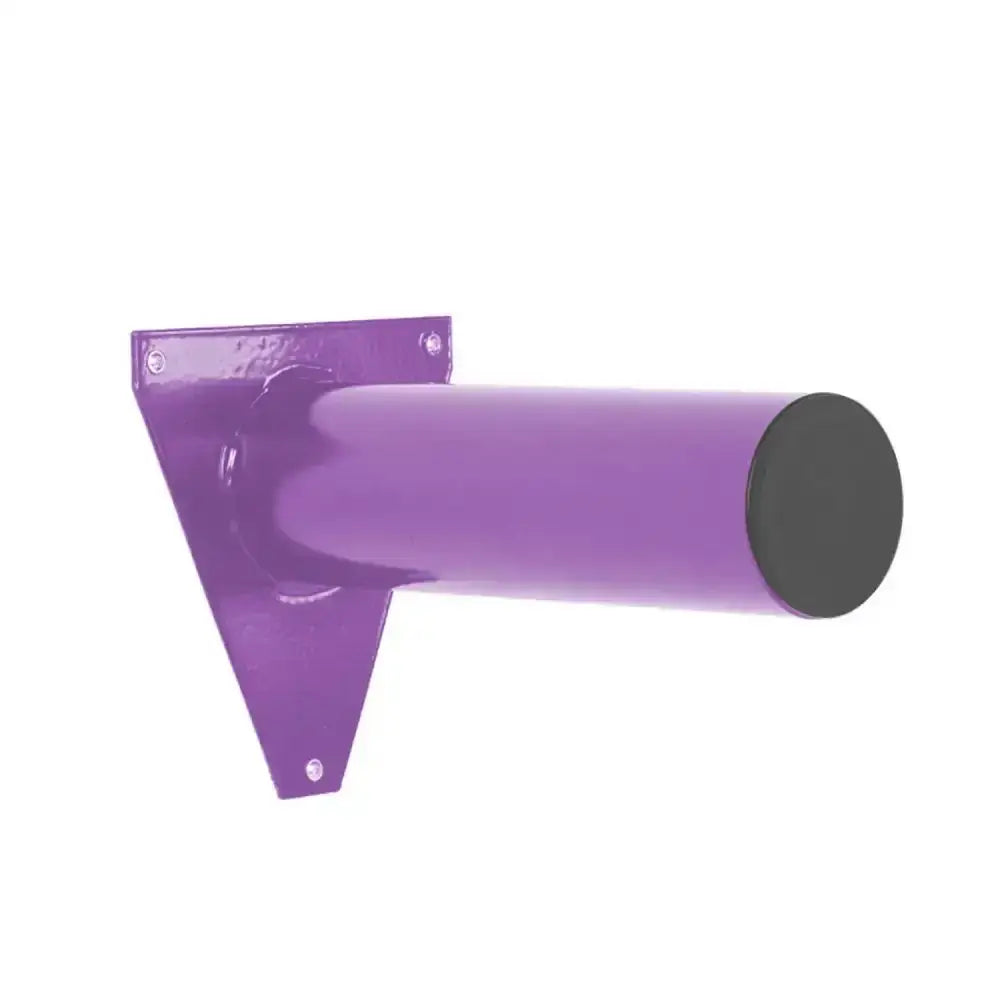Purple metal wall-mounted pipe bracket with black end cap for stubbs display pole striking shop display solution