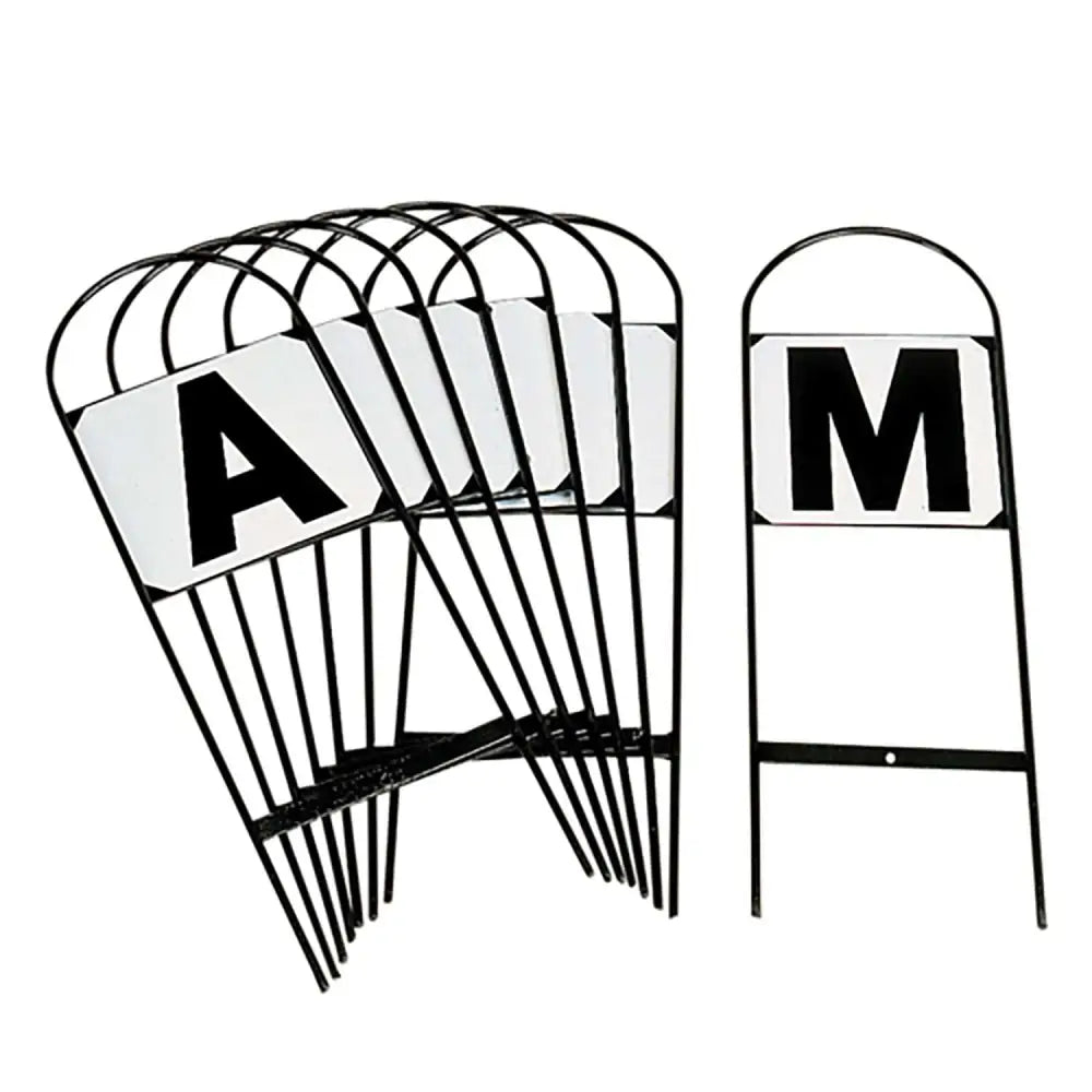 Black metal stubbs field push in dressage markers pack with white bold letters and handy hoop frame for garden use