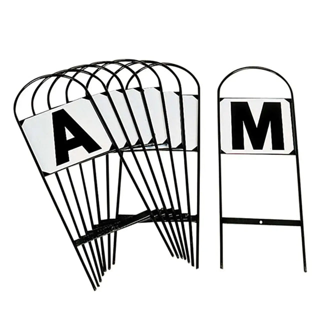 Black metal stubbs field push in dressage markers pack with white bold letters and handy hoop frame for garden use