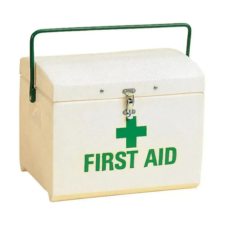 White first aid aid box s57fa with green cross text and green metal handle and latch by stubbs tack box
