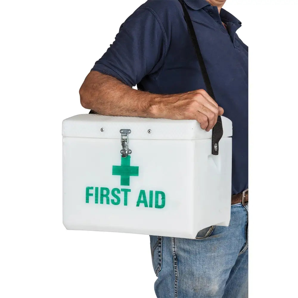 White stubbs first aid box with tough stubbythene moulding broad shoulder strap and reinforced lid with green cross