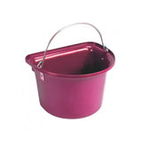 A glossy magenta stubbs flat sided bucket made of plastic with a curved metal handle and a pink side latch