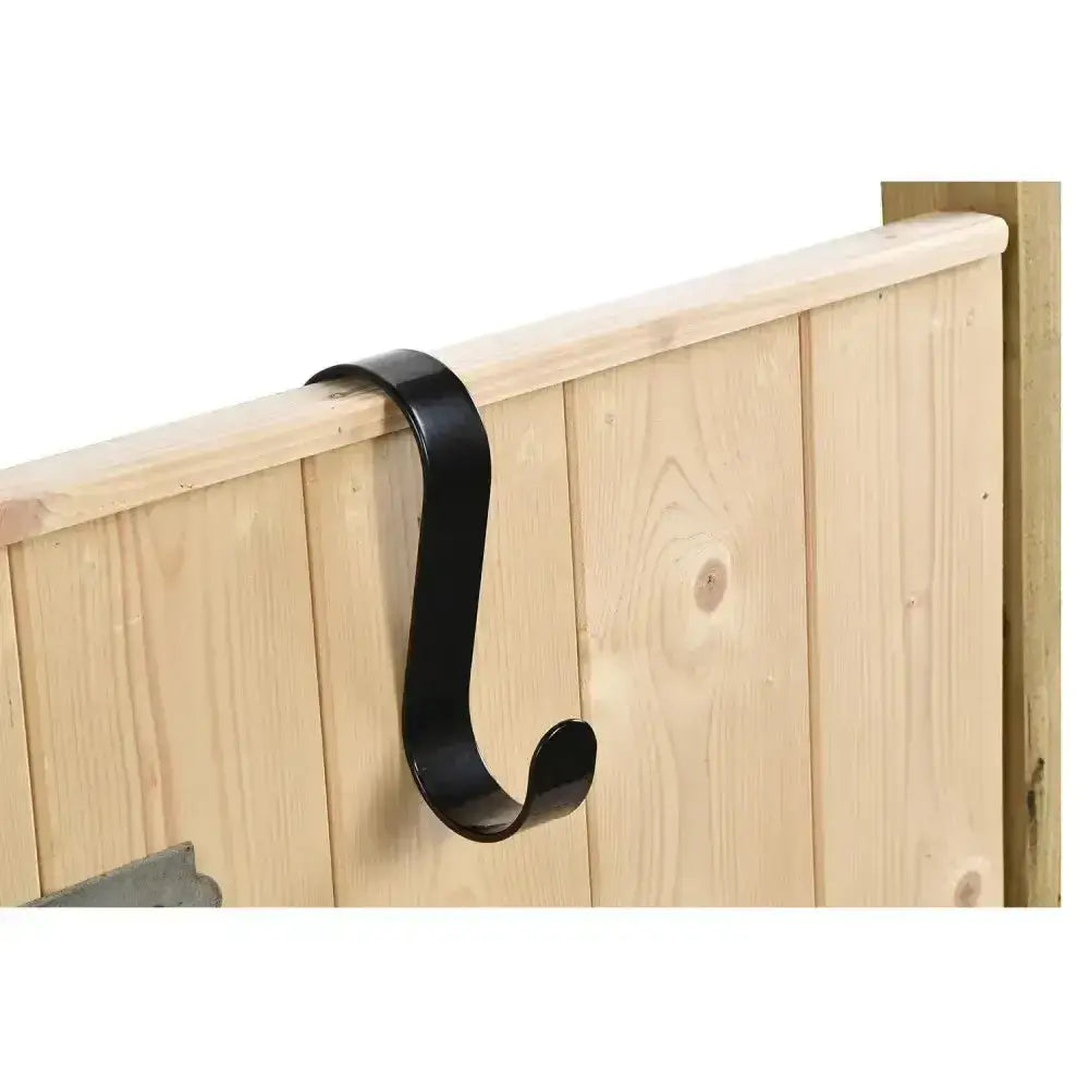 Black metal s-shaped stubbs giganti-hook mounted on wooden fence ideal for tack rooms and stable hooks
