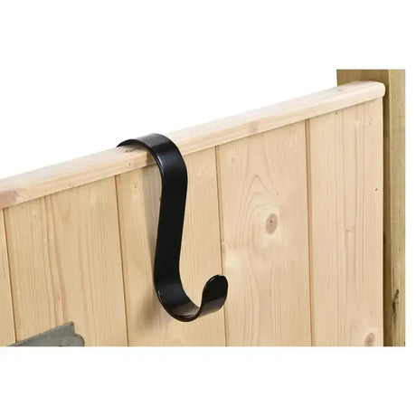 Black metal s-shaped stubbs giganti-hook mounted on wooden fence ideal for tack rooms and stable hooks