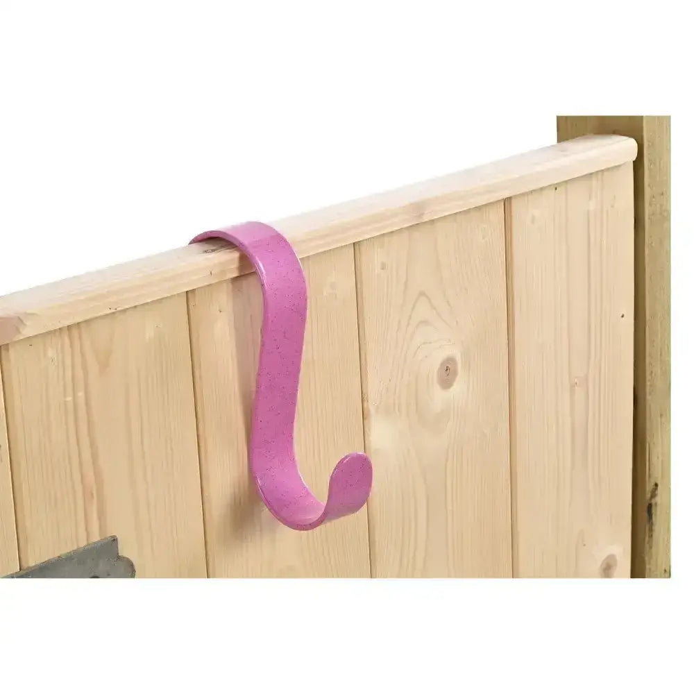 A vibrant pink metal stubbs giganti-hook with a curved s-shaped design perfect for tack rooms and stable hooks