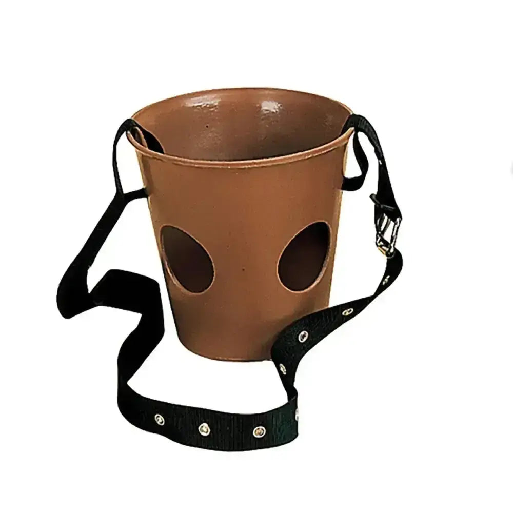 Brown metal stubbs grazing muzzle with two circular cutouts and black adjustable strap for horse tack use