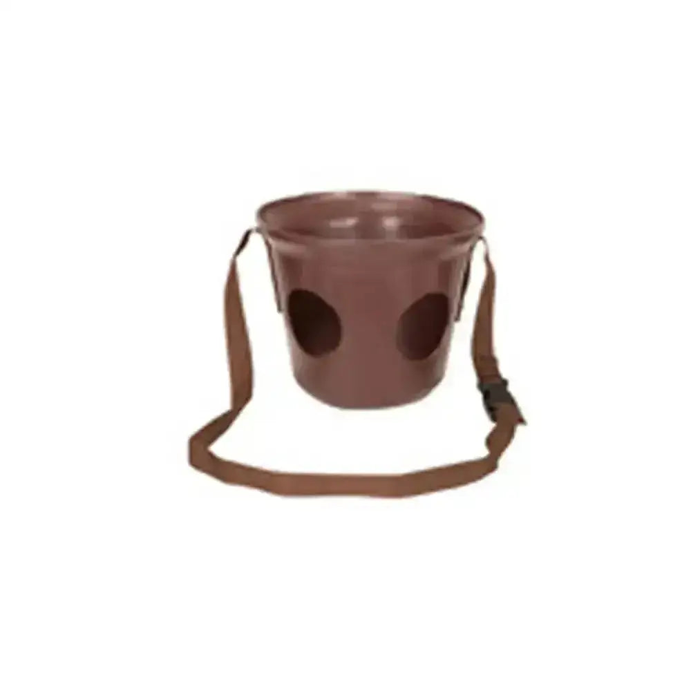 Brown plastic stubbs grazing muzzle with two circular cutouts and matching shoulder strap for horse tack use