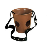 Brown leather stubbs grazing muzzle with two circular cutouts and black adjustable strap for horse tack use