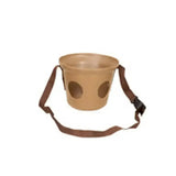 Tan plastic stubbs grazing muzzle with two circular cutouts and brown adjustable strap for horse tack use