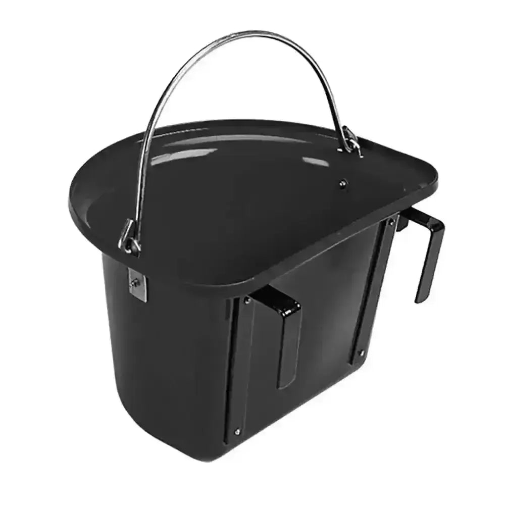 Black enamel coated metal stubbs grooming bucket with curved handle and side grip for stable door use