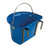 Blue enamel stubbs grooming bucket with curved metal handle and black plastic grips for stable door use