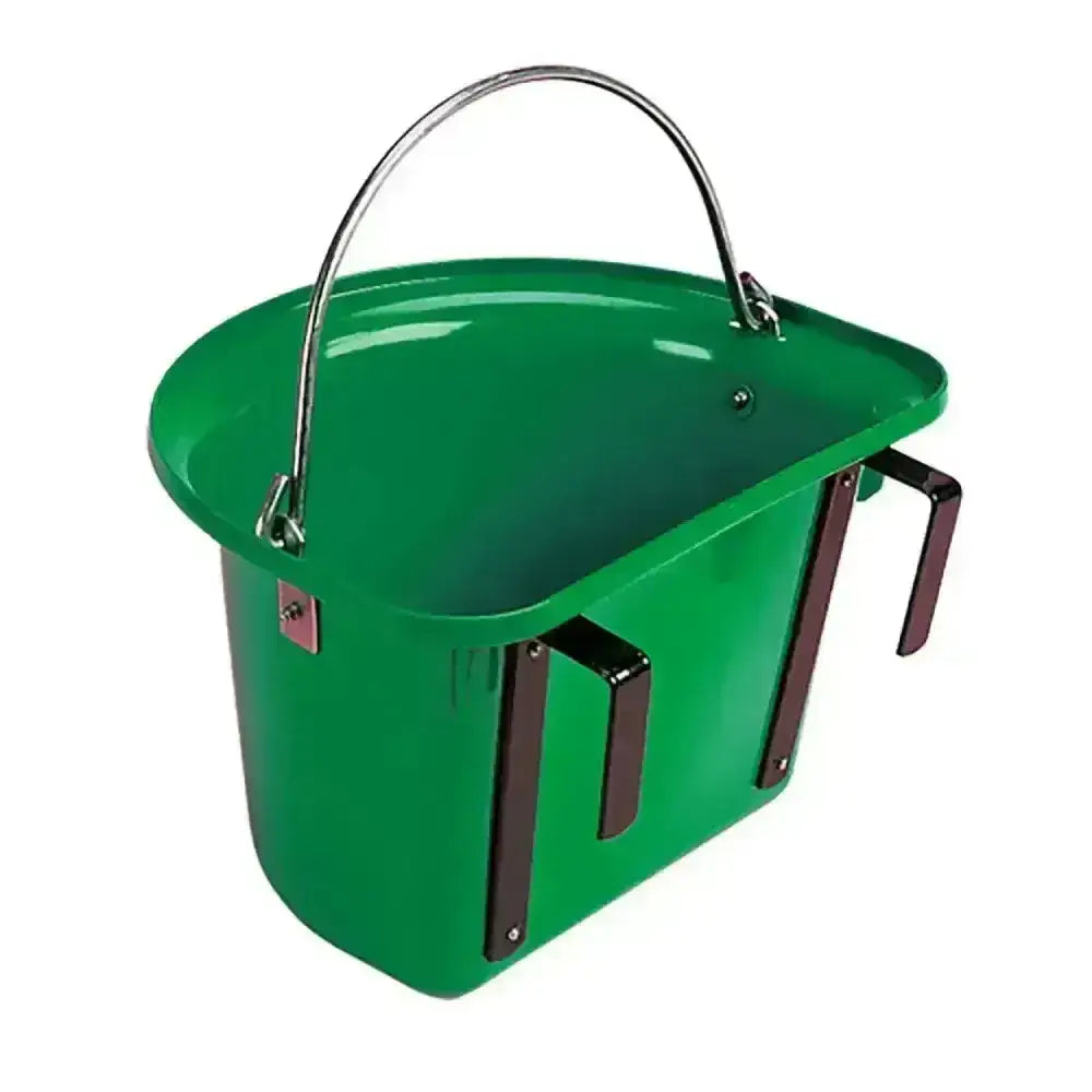 Green metal stubbs grooming bucket with curved handle and black side grips perfect for stable door use