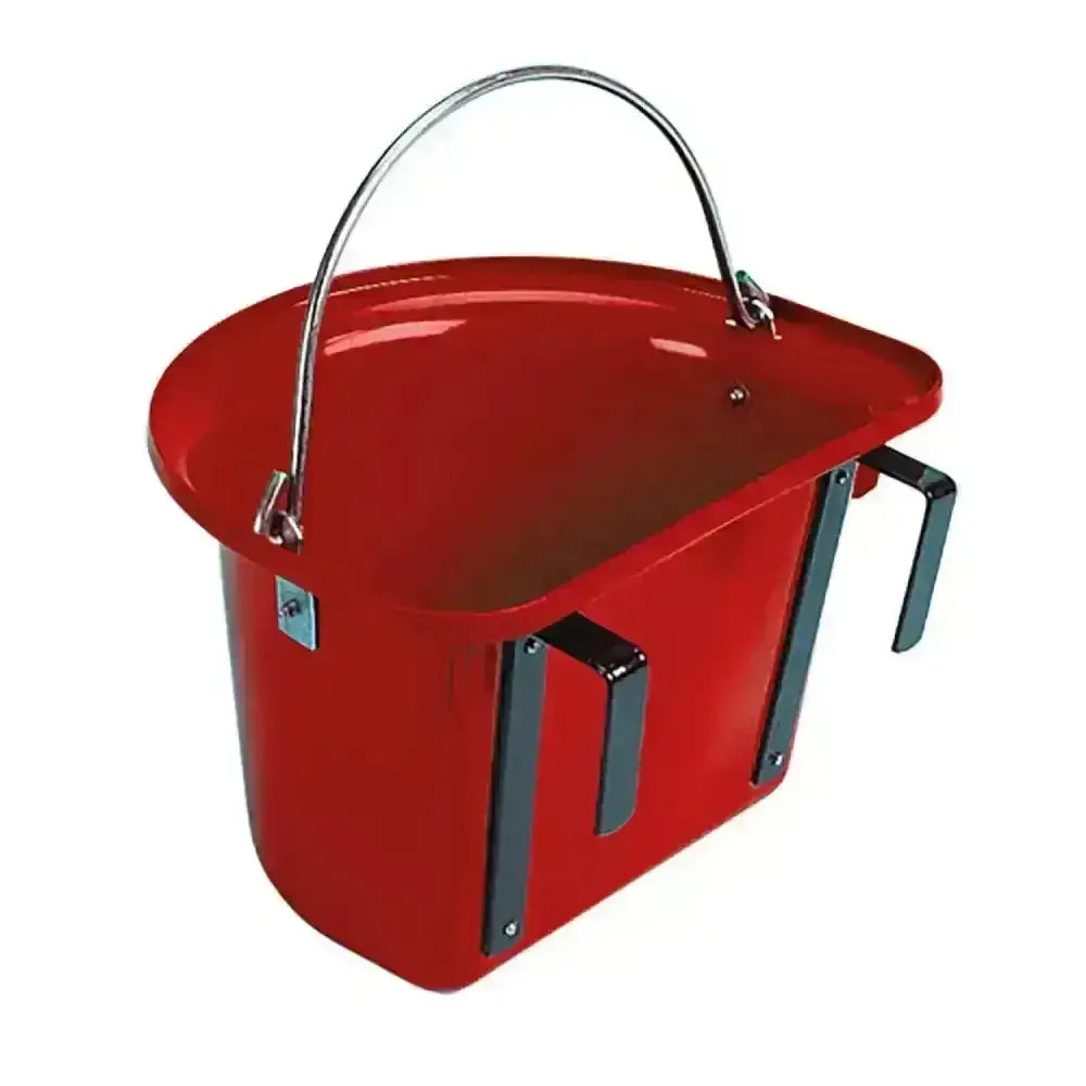 Red metal stubbs grooming bucket with curved silver handle and two black side handles for stable door use