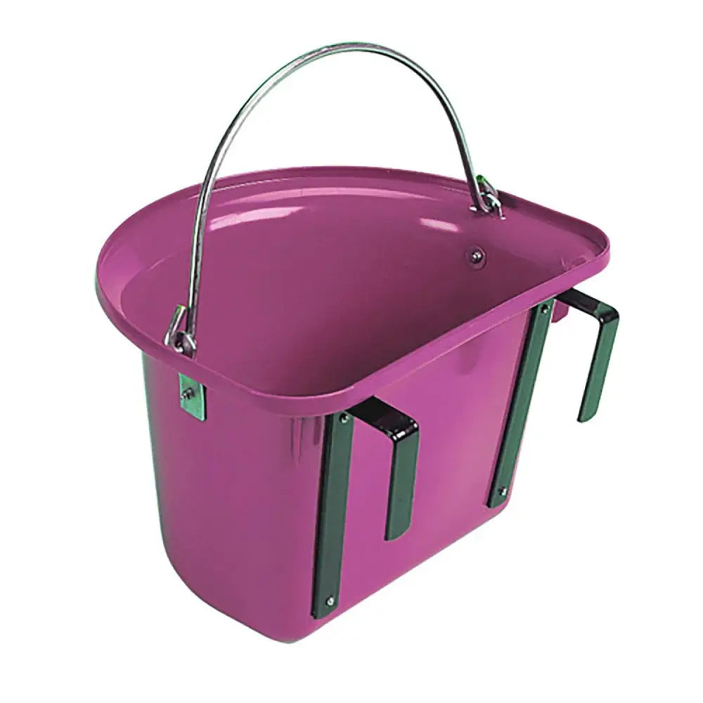 A vibrant magenta metal stubbs grooming bucket with a curved silver handle and black side stable door handles