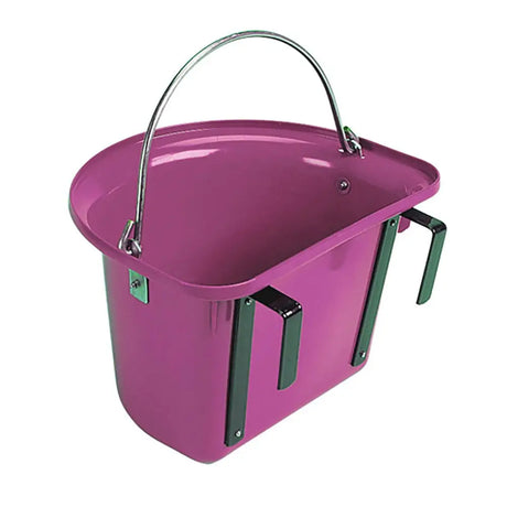 A vibrant magenta metal stubbs grooming bucket with a curved silver handle and black side stable door handles