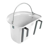 White enamel stubbs grooming bucket with curved metal handle and black side handles for stable door use