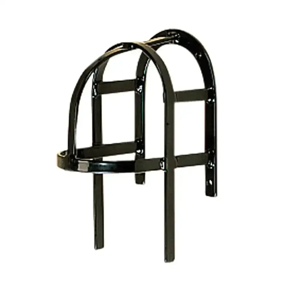 Black stubbs harness bridle rack with arched design and vertical support bars for holding bridles and harnesses