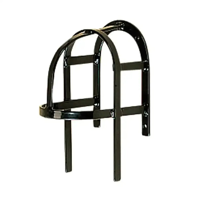 Black stubbs harness bridle rack with arched design and vertical support bars for holding bridles and harnesses