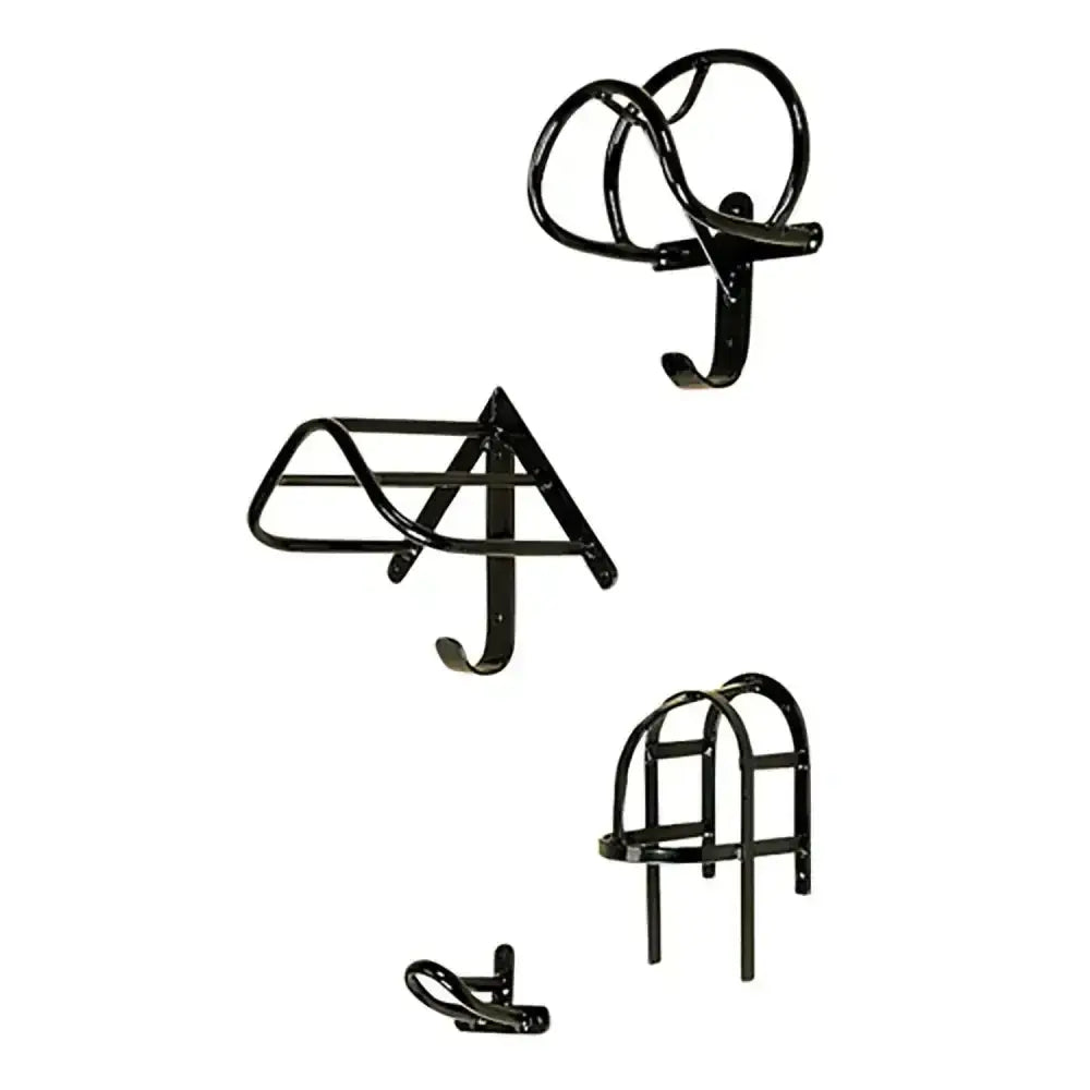 Black metal horse head stubbs harness rack set complete s21s with curved hooks and adjustable mounting brackets