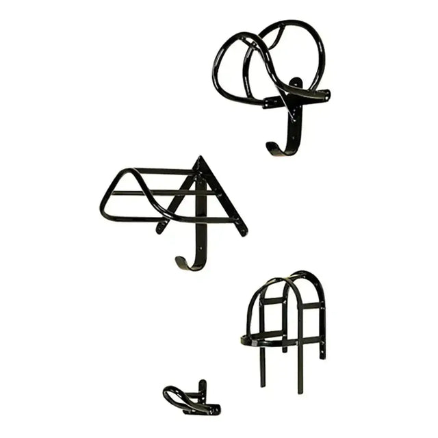 Black metal horse head stubbs harness rack set complete s21s with curved hooks and adjustable mounting brackets