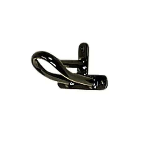 Black metal hook with curved design and flat plate for easy mounting on stubbs harness reins rack s21d