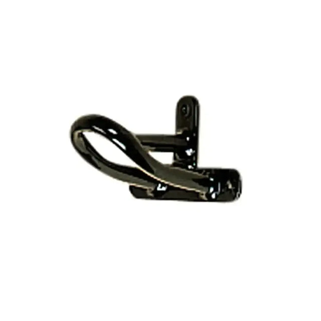 Black metal hook with curved design and flat plate for easy mounting on stubbs harness reins rack s21d
