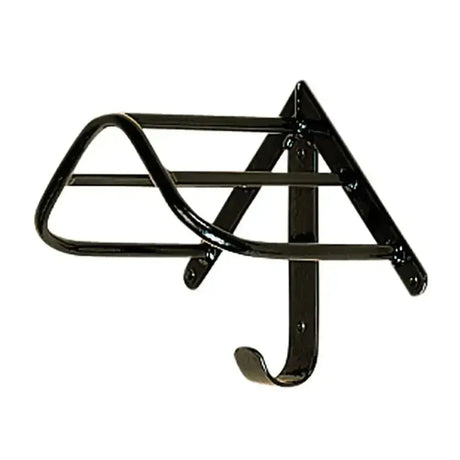 Black stubbyfine coated stubbs harness saddle rack with curved top bar and hook wall mounted for easy storage