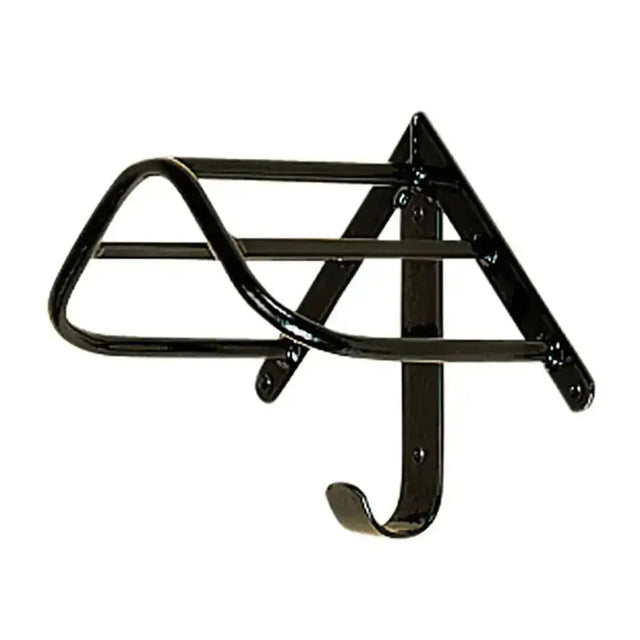 Black stubbyfine coated stubbs harness saddle rack with curved top bar and hook wall mounted for easy storage