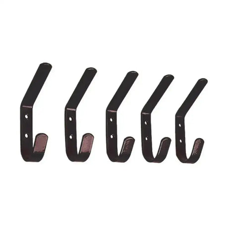 Set of five black metal stubbs hat and coat hooks with matte finish perfect for tack room organization coat hook bag