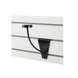 Black metal stubbs hat rack slat-wall hook with curved arm and flat base mounted on white slat wall stylish hat rack