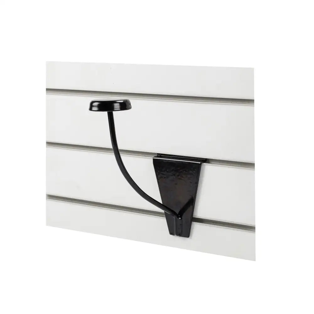 Black metal stubbs hat rack slat-wall hook with curved arm and flat base mounted on white slat wall stylish hat rack