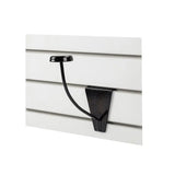Black metal stubbs hat rack slat-wall hook with curved arm and flat base mounted on white slat wall stylish hat rack