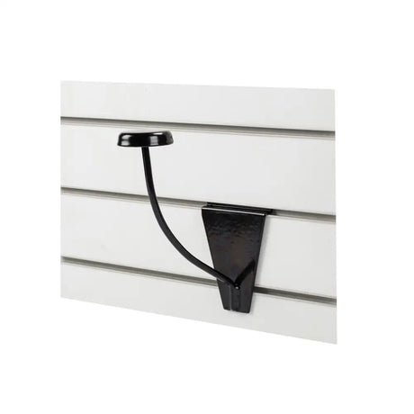 Black metal stubbs hat rack slat-wall hook with curved arm and flat base mounted on white slat wall stylish hat rack
