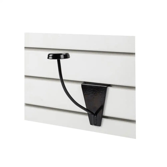 Black metal stubbs hat rack slat-wall hook with curved arm and flat base mounted on white slat wall stylish hat rack