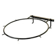 Black metal basketball hoop mount with circular rim and wall bracket shown from back for stubbs hay net filler time saving device