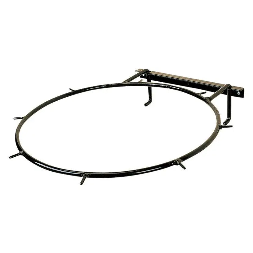 Black metal basketball hoop mount with circular rim and wall bracket shown from back for stubbs hay net filler time saving device