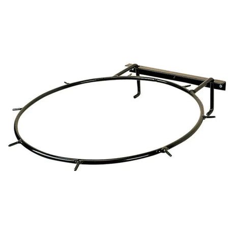 Black metal basketball hoop mount with circular rim and wall bracket shown from back for stubbs hay net filler time saving device