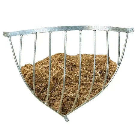Silver metal stubbs hay rack traditional corner half-moon feeder filled with golden-brown straw
