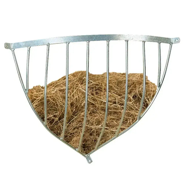 Silver metal stubbs hay rack traditional corner half-moon feeder filled with golden-brown straw