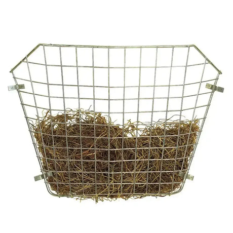 Stubbs haylage rack corner mounting s155 metal wire mesh basket filled with brown hay for feeding livestock