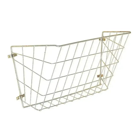 Silver wire wall-mounted stubbs haysaver wall rack with grid pattern and metal brackets substantially reduces wastage
