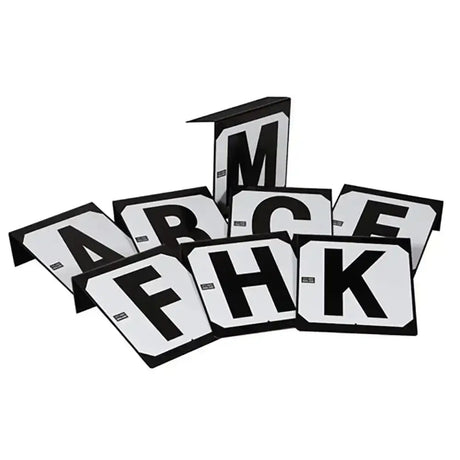 Black and white dressage letters markers with bold uppercase letters from stubbs hook hook-on version set of 8 letters
