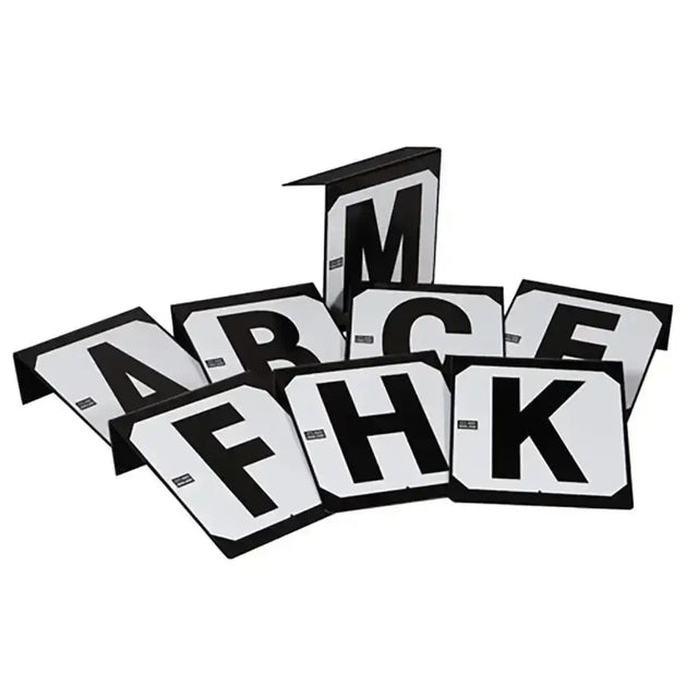 Black and white dressage letters markers with bold uppercase letters from stubbs hook hook-on version set of 8 letters
