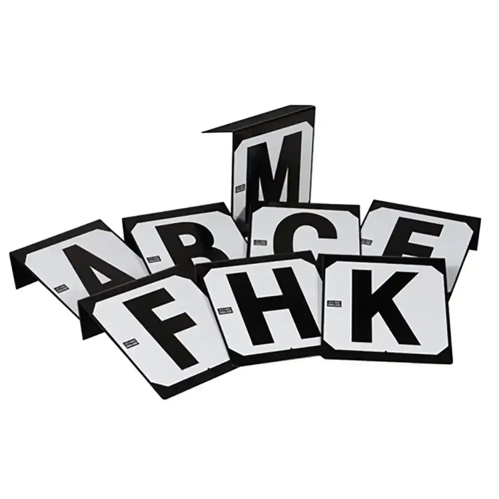 Black and white dressage letters markers with bold uppercase letters stubbs hook hook-on version for easy display