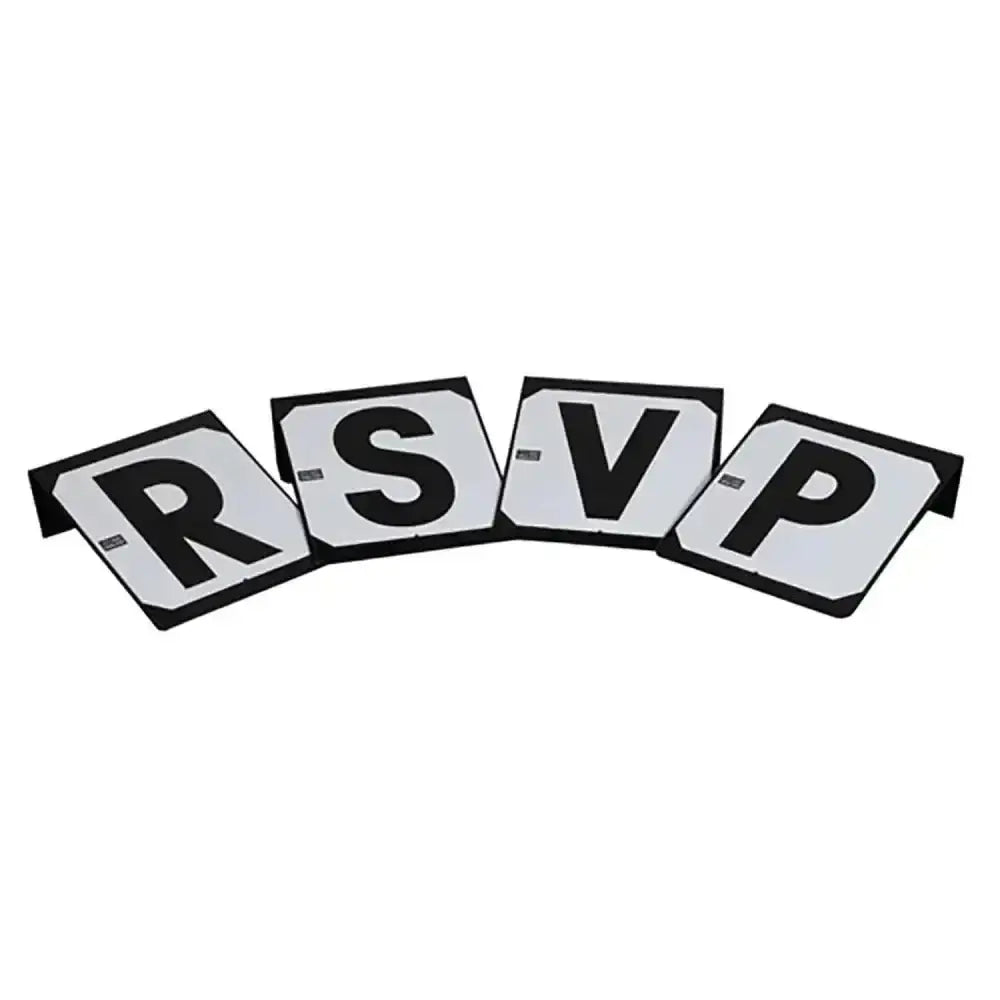 Set of four black and white rsvp dressage letters markers with sleek stubbs hook design best selling tread-in style