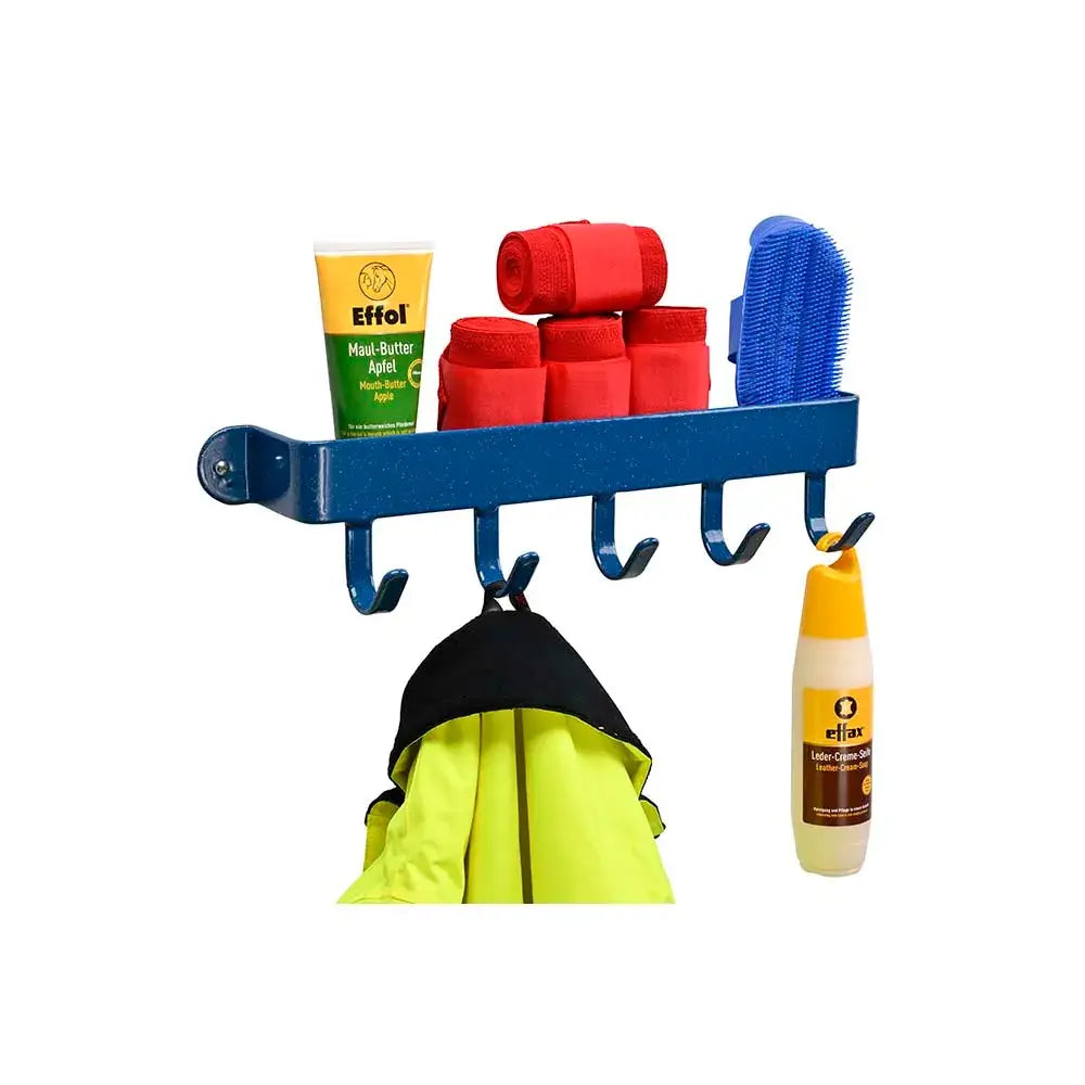 Blue metal stubbs hook shelfie s5528 with five hooks holding red horse wraps and a blue brush on strong steel shelfie