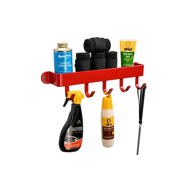 Red metal stubbs hook shelfie s5528 wall-mounted rack with five hooks holding equestrian care products made of strong steel