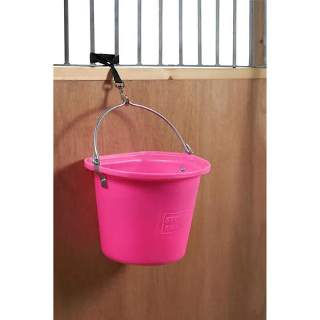 Bright pink stubbs hook bucket with silver metal trigger hook and webbing loop for horse stable use