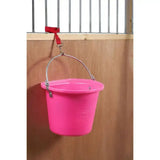 Bright pink plastic stubbs hook bucket with metal handle and red webbing loop strap for easy hanging use