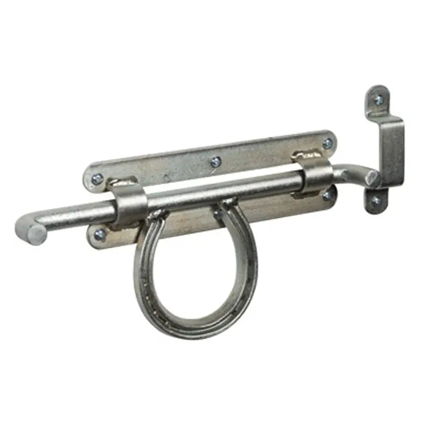 Silver-toned metal stubbs horse shoe door bolt with horseshoe-shaped pull handle and tremendous stubbs strength